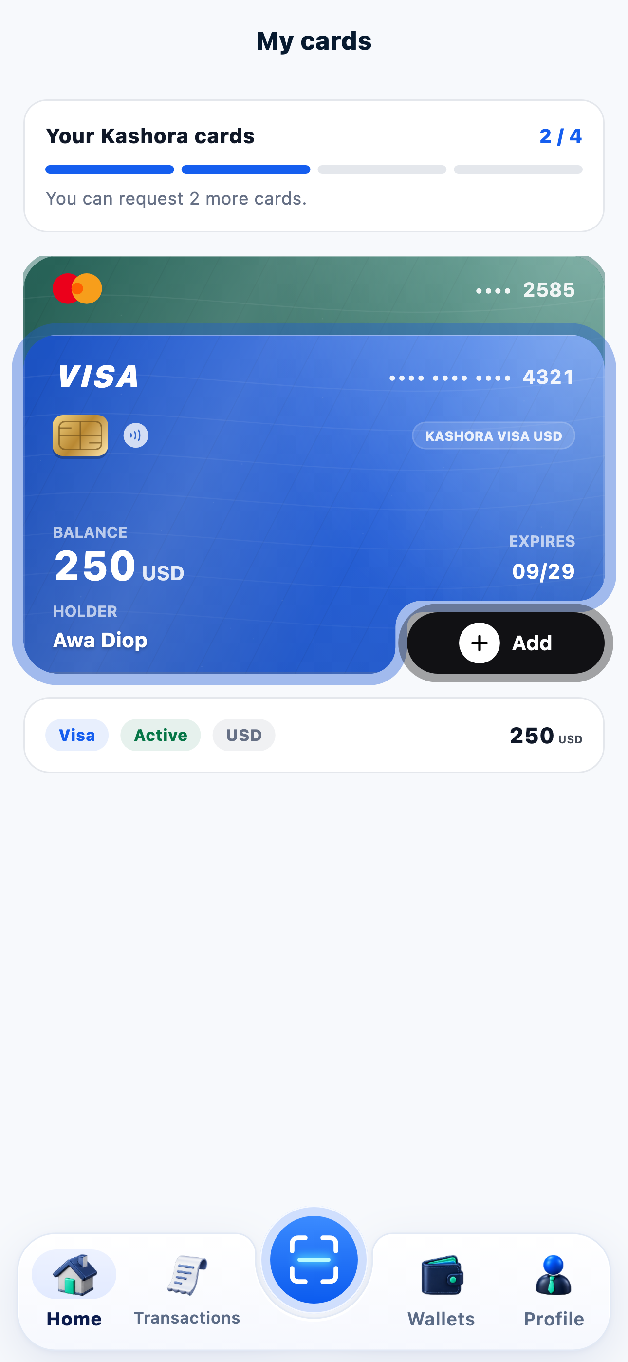 Payment cards screen in the Kashora app