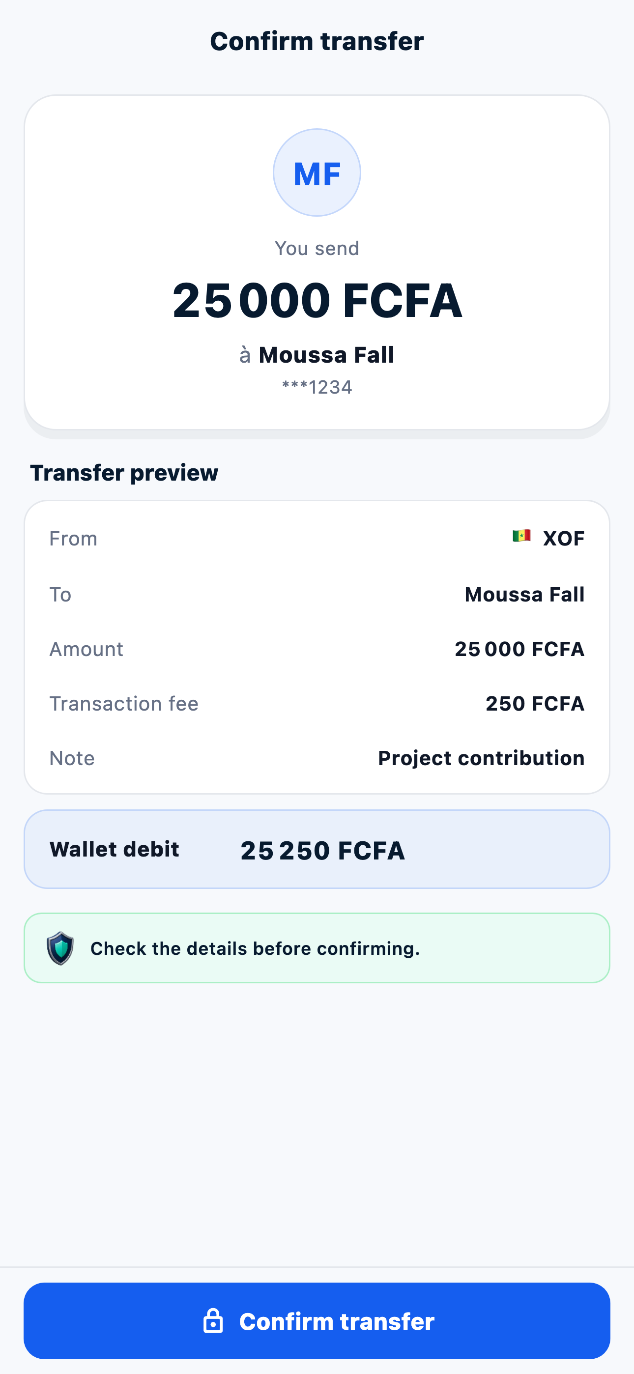 Kashora transfer review screen before confirmation